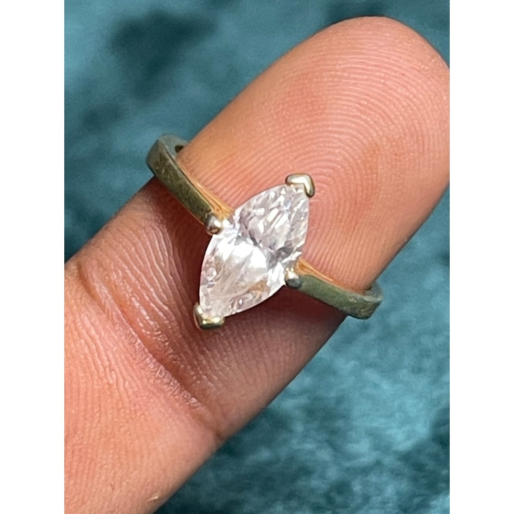 Gold Tone Marquise Cut Solitaire Ring Size 7 Korea Stamped Clear Stone